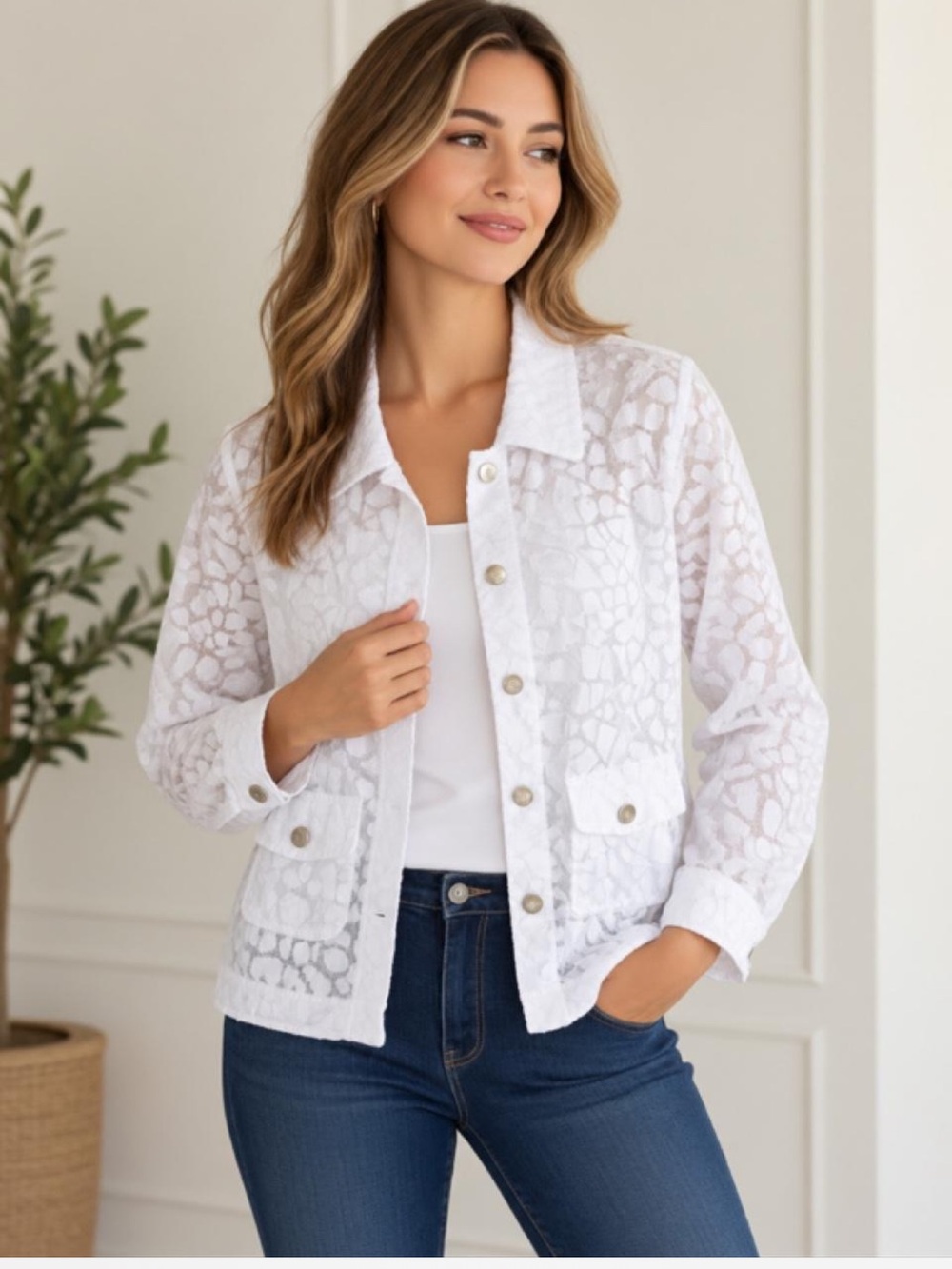 Ruby Rd White Textured Giraffe Print Button Front Jacket Women’s Size 10 Linen B